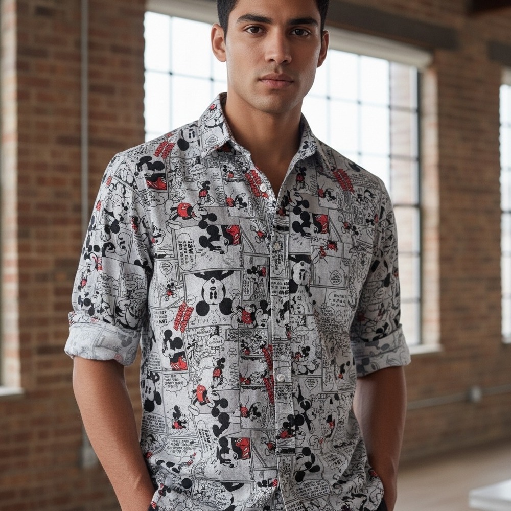 Disney Mickey Mouse Comic Print Button Up Shirt XL Rayon Cotton Long Sleeve